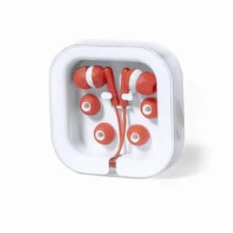 A pair of orange earphones with multiple ear tips, packaged in a white square case that has a logo.