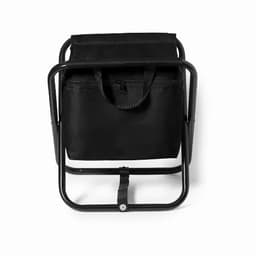 A black cooler bag on a metal frame with a zippered top and handle. The design is sleek and compact.