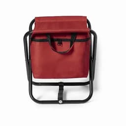 A red insulated cooler bag with a zip and handle, mounted on a black metal frame.