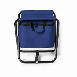 A blue cooler bag with a zip closure, attached to a black folding frame. Includes a handle for easy carrying.