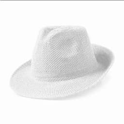 A white mesh hat with a wide brim and structured shape, featuring a breathable design.
