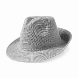 A grey straw hat with a wide brim, featuring a breathable mesh design. It has a relaxed, casual style.