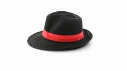 A black straw hat featuring a vibrant red band. The design is simple and stylish.