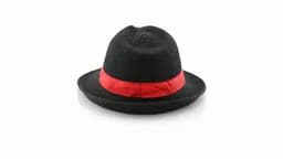 A black straw hat featuring a vibrant red ribbon around the crown. It has a classic fedora shape.