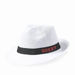 A white straw hat with a black band featuring the word "QUERY" in red.