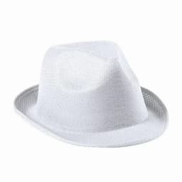 A white fedora hat with a textured finish and a curved brim. It has a simple, classic design and no visible logo.