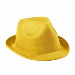 A yellow fedora hat with a textured surface and a wide brim, stylishly shaped for casual wear.