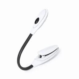 A flexible book light with a white body and a black arm, featuring a clip-on base and an adjustable head.