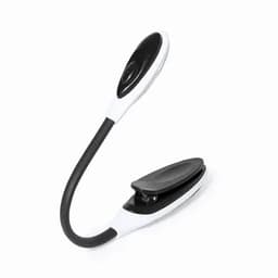 A portable clip-on light in black and white with a flexible neck and an oval base, featuring a branding logo.
