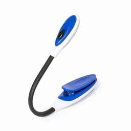 A blue and white flexible reading light with a clip attachment. It has a push-button switch and a sleek design.