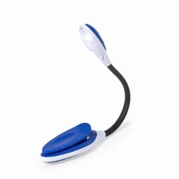A flexible reading light with a blue and white design, featuring a clip base for attachment.