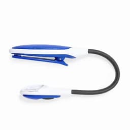 A flexible reading light in blue and white with a clip base and a transparent lamp head.