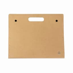 A clipboard with a handle, featuring a natural brown cardboard finish and a small recycling symbol in the corner.