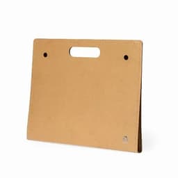 A tan document folder with a handle and two holes, featuring a branding logo at the bottom corner.