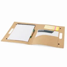 A folder with a notepad, sticky notes, and a pen, featuring a natural brown colour and two handles.