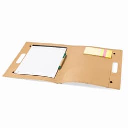 A folder with a notepad, pen, and sticky notes, featuring a natural brown colour. It has handles for easy carrying.