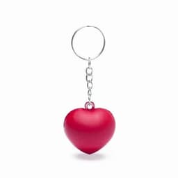 A heart-shaped keychain in bright red, attached to a silver keyring with a chain.
