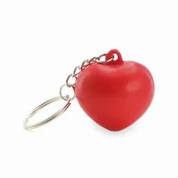 A red heart-shaped keychain with a metal ring for attachment.