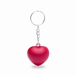 A red heart-shaped keychain with a metal ring and a chain attachment.