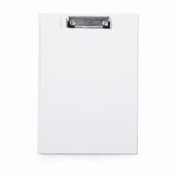 A clipboard with a silver clip, featuring a plain white backing. It has a simple, clean design.
