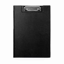 A black clipboard with a metal clip on top, featuring a smooth surface and a plain back.