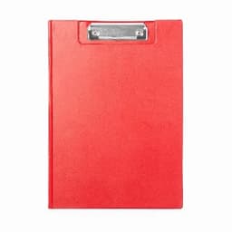 A red clipboard with a metal clip on the top. The surface appears smooth and glossy.