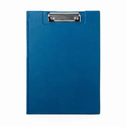 A blue clipboard with a metal clip on top, featuring a smooth finish and a sturdy design.