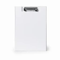 A clipboard in white with a metal clip on top. The surface appears smooth and minimalistic.