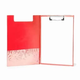 A red clipboard with a clear section at the bottom and a metal clip for holding papers. It has a branding logo.