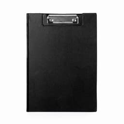 A black clipboard with a silver metal clip and a smooth surface for holding documents.