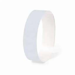 A white wristband with a smooth finish, featuring a simple design and flexibility. It has a branding logo.
