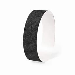 A black promotional wristband made from textured material, featuring a smooth inner surface and a logo.