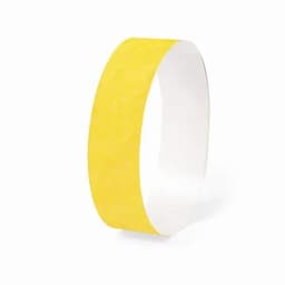 A yellow wristband with a smooth, glossy finish, featuring a plain white inner surface and a logo.
