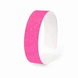 A pink wristband made of paper-like material, featuring a smooth surface and a slight sheen.