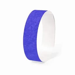 A blue wristband with a textured finish and a white inner lining. It has a branding logo on the side.