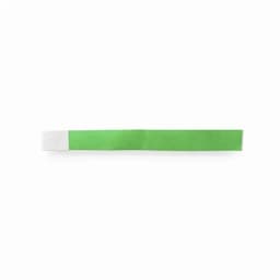 A green wristband with a white section at one end, featuring a logo or branding.