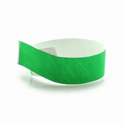 A green wristband with a white inner side, flexible and made from soft material, featuring a tag.