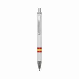 A ballpoint pen featuring a white body and red and yellow stripes, with a silver clip and a metallic tip.