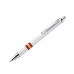 A white pen with a silver clip and red and yellow stripes on the barrel. It has a glossy finish.