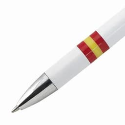 A pen with a white body, silver tip, and red and yellow stripes near the grip; features a branding logo.