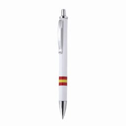 A white pen with a silver clip and red and yellow stripes around the barrel. It has a logo on the side.