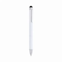 A pen with a white body, silver accents, and a stylus tip at one end. It features a clip and has branding.