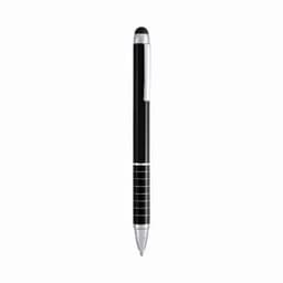 A black pen with silver accents and a textured grip, featuring a logo on the side.