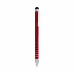 A red pen with a silver clip and a stylus tip on top, featuring decorative grooves.