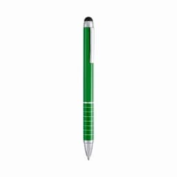 A green pen with a silver clip and grip, featuring a black stylus tip for touch screens.