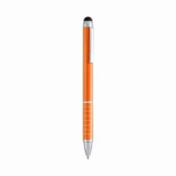 An orange pen with a silver clip and a stylus tip at the top. The pen features a sleek design with grip lines.