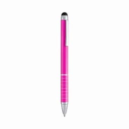 A pink pen with a silver clip and a striped grip, featuring a stylus tip on one end.