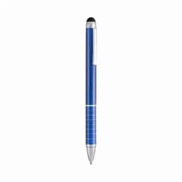 A blue pen with a silver clip and a stylus tip. The pen features a sleek, modern design.