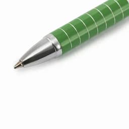 A green pen with a silver tip and striped design. The pen features a shiny metallic finish.