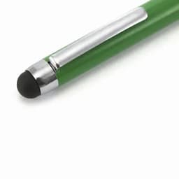 A green stylus pen with a black rubber tip and a silver clip detailing.